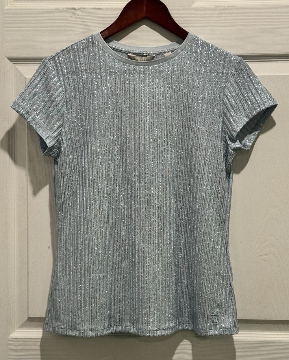 Ted Baker London Metallic Stripe Catrino T Shirt Top Blue US Size 3 Medium NEW